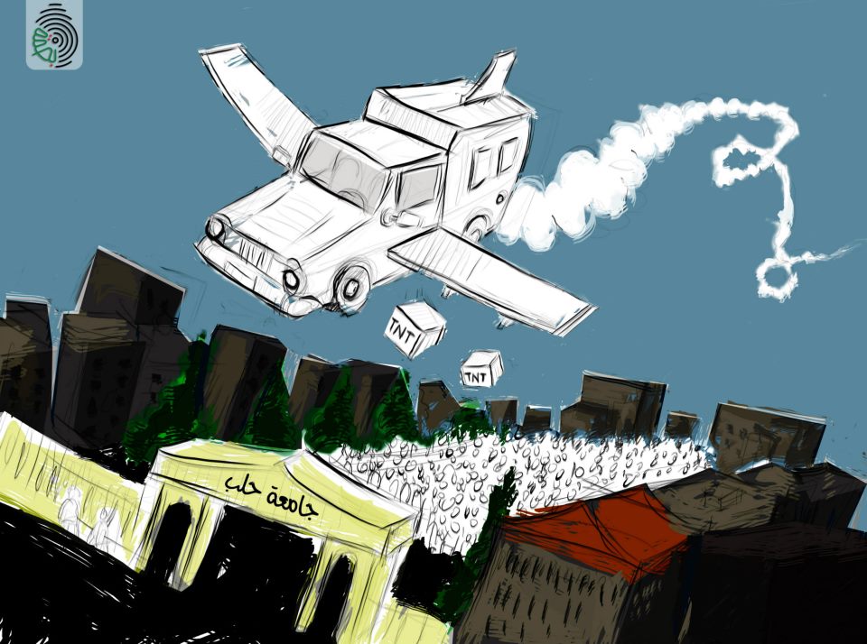 A cartoon satirizing the official narrative about the explosions at the University of Aleppo, which claimed the explosions were caused by car-bomb attacks – Facebook